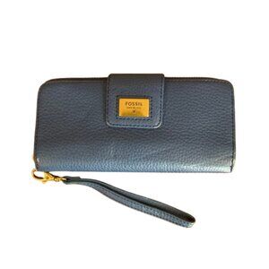 Fossil Quinn Slim Ink Blue Pebbled Leather Bi-Fold Wallet Clutch Wristlet